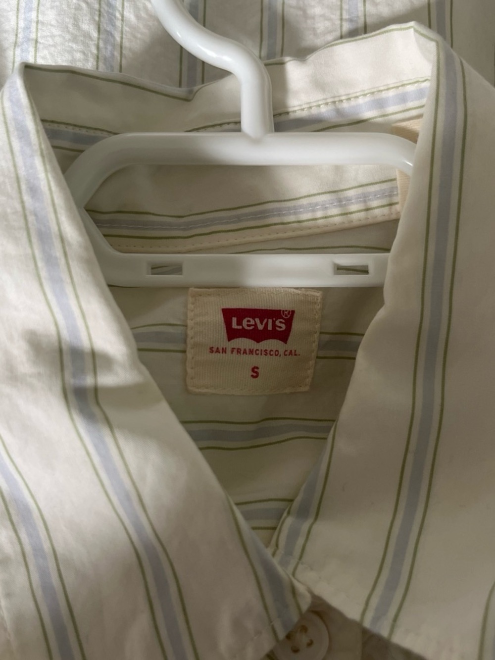 Levi's Men's Cream Button-Down with Green and Light Blue Stripes